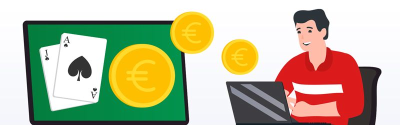 Um homem a jogar num casino online com um computador portátil, simbolizando o jogo e os ganhos