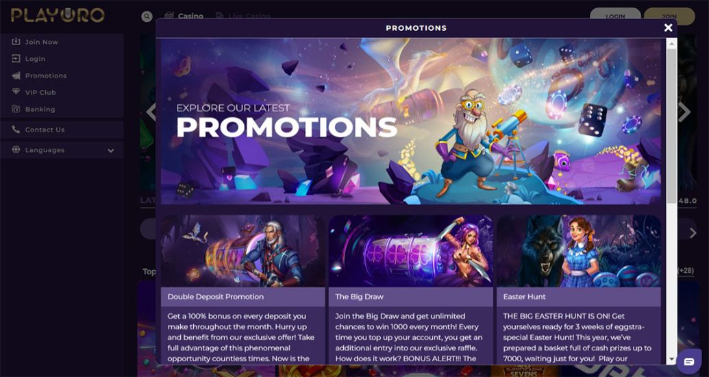 Página de bónus no site do Playoro Casino