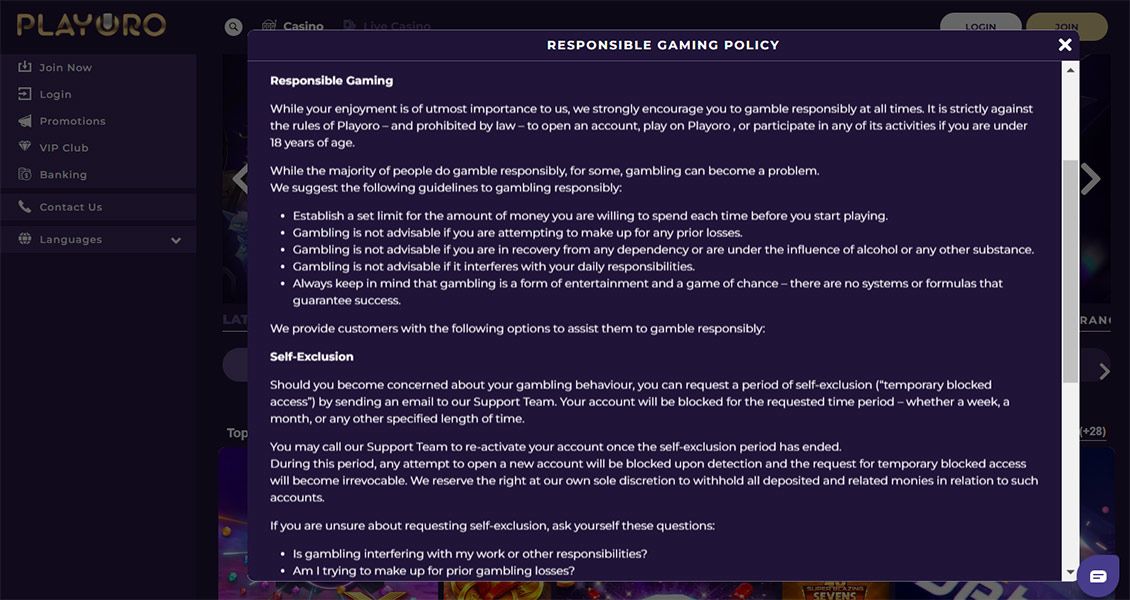 Página do Playoro Casino sobre jogo responsável