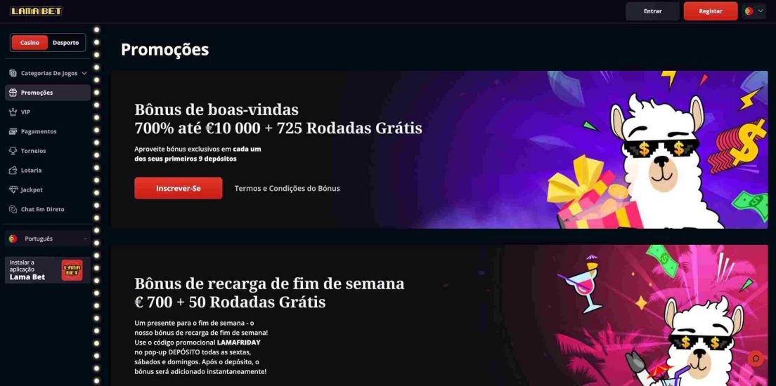 Página de bónus no site do Lamabet Casino