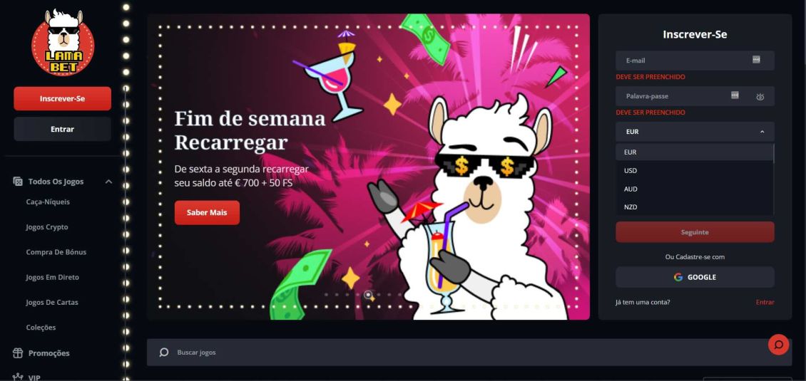 Lamabet Casino - processo de registro etapa 1