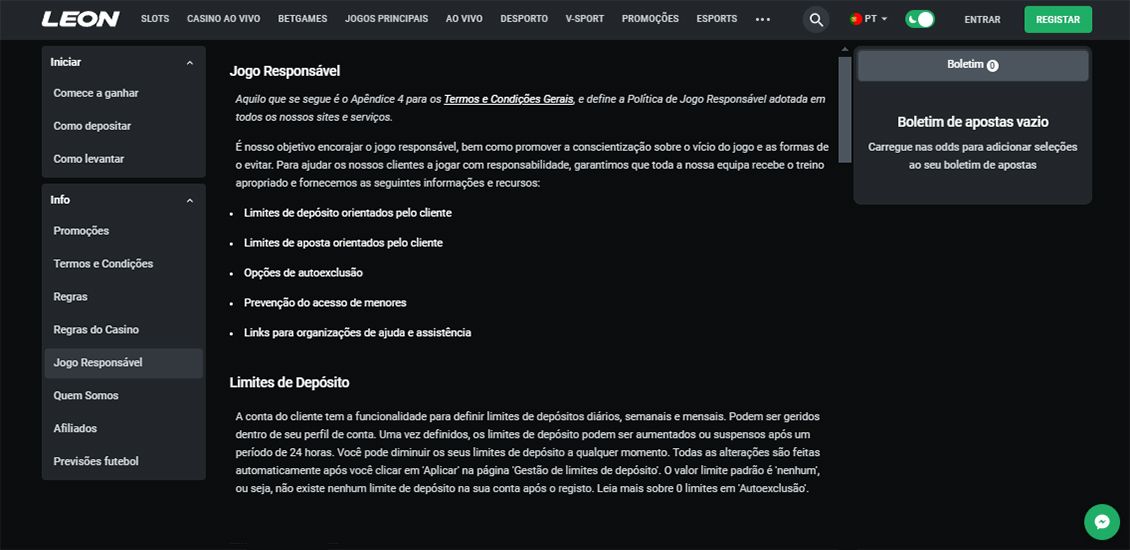Página do Leon Casino sobre jogo responsável