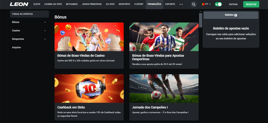Página de bónus no site do Leon Casino