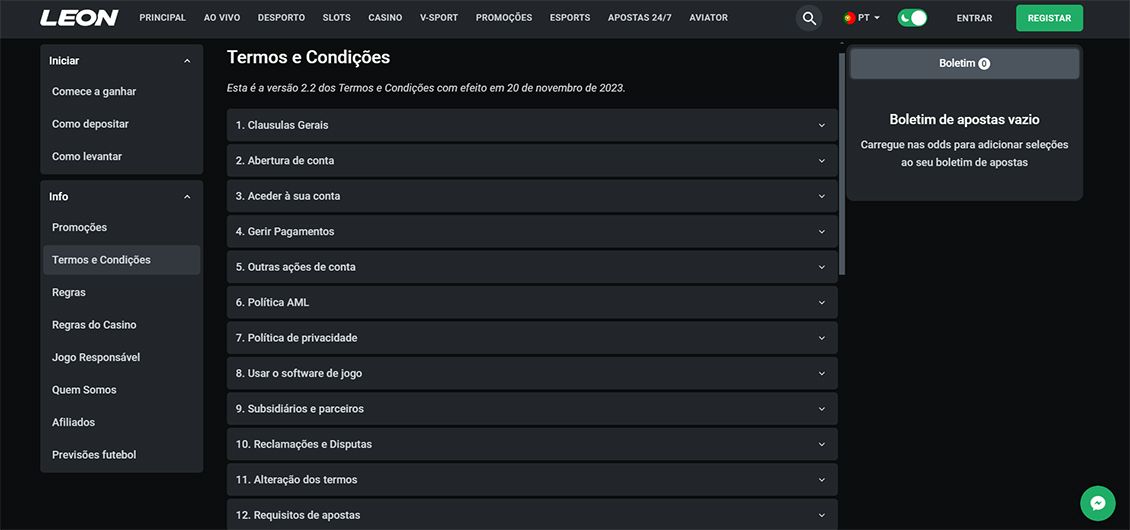 Tela da página de Termos e Condições do Leon