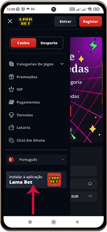 Cassino na tela do celular