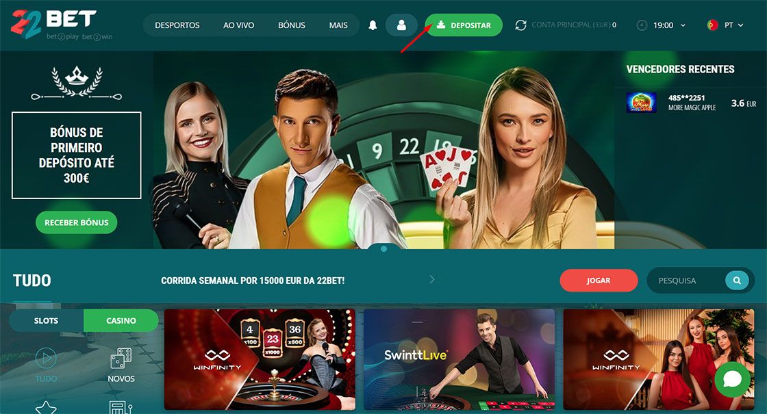 Página Inicial do Casino com Botão de Depósito